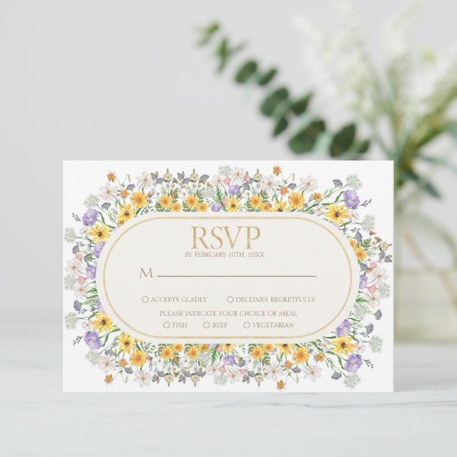 Colourful Spring Floral Wildflower Garden Wedding RSVP Card (Standing Front)