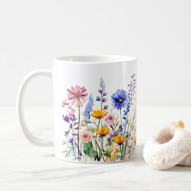 Colourful Spring Flower Watercolor Pattern Coffee Mug (With Donut)