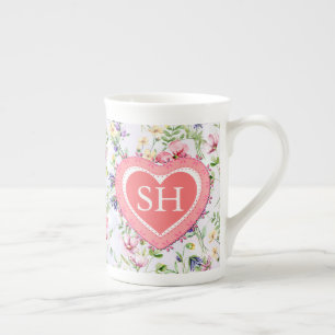 Colourful Spring Flower Watercolor Pattern Monogra Bone China Mug