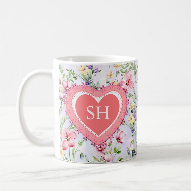 Colourful Spring Flower Watercolor Pattern Monogra Coffee Mug (Left)