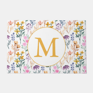 Colourful Spring Flower Watercolor Pattern Monogra Doormat