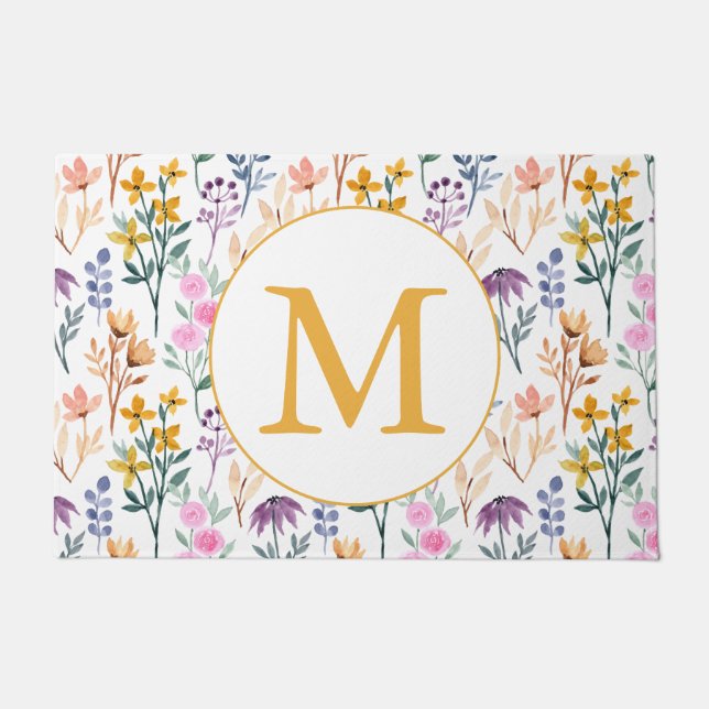 Colourful Spring Flower Watercolor Pattern Monogra Doormat (Front)