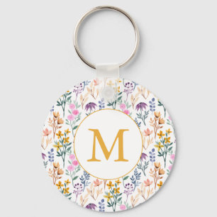 Colourful Spring Flower Watercolor Pattern Monogra Keychain