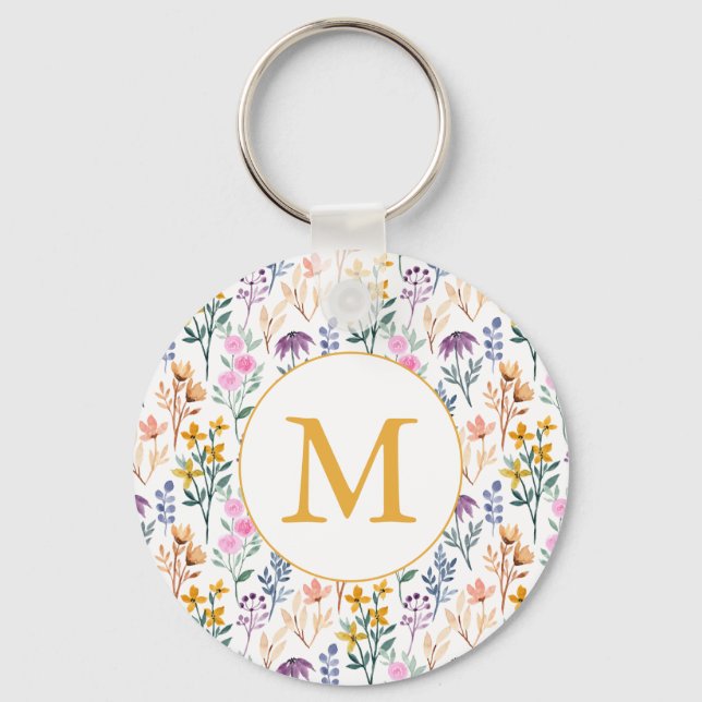 Colourful Spring Flower Watercolor Pattern Monogra Keychain (Front)