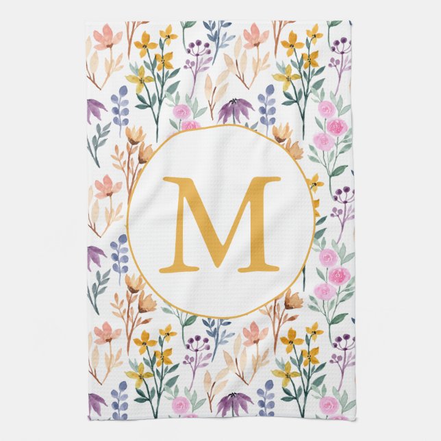 Colourful Spring Flower Watercolor Pattern Monogra Kitchen Towel (Vertical)