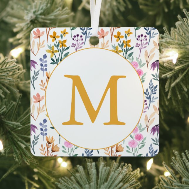Colourful Spring Flower Watercolor Pattern Monogra Metal Ornament (Insitu)