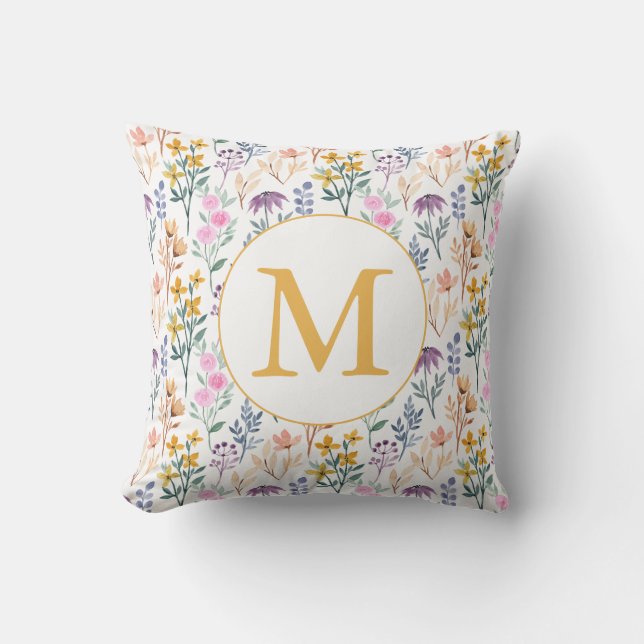 Colourful Spring Flower Watercolor Pattern Monogra Outdoor Pillow (Front)