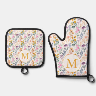 Colourful Spring Flower Watercolor Pattern Monogra Oven Mitt & Pot Holder Set