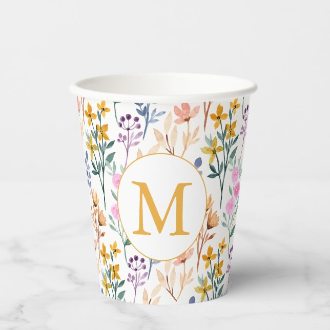 Colourful Spring Flower Watercolor Pattern Monogra Paper Cups (Front)