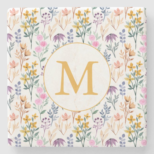 Colourful Spring Flower Watercolor Pattern Monogra Stone Coaster (Front)