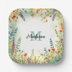 Colourful Spring Flower Wildflower Bouquet Monogra Paper Plate