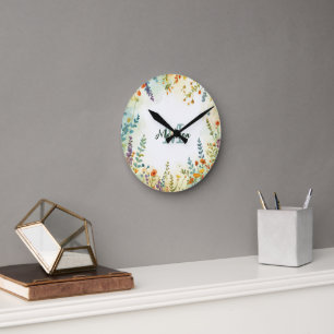 Colourful Spring Flower Wildflower Bouquet Monogra Round Clock