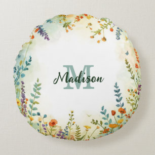 Colourful Spring Flower Wildflower Bouquet Monogra Round Pillow