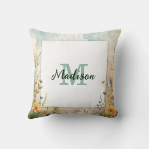 Colourful Spring Flower Wildflower Monogram Frame Throw Pillow