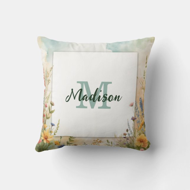 Colourful Spring Flower Wildflower Monogram Frame Throw Pillow (Back)