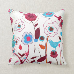 Colourful Spring Flowers Birds Mulberry Blue Orang Throw Pillow