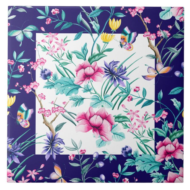 Colourful spring flowers & butterflies pattern tile (Front)