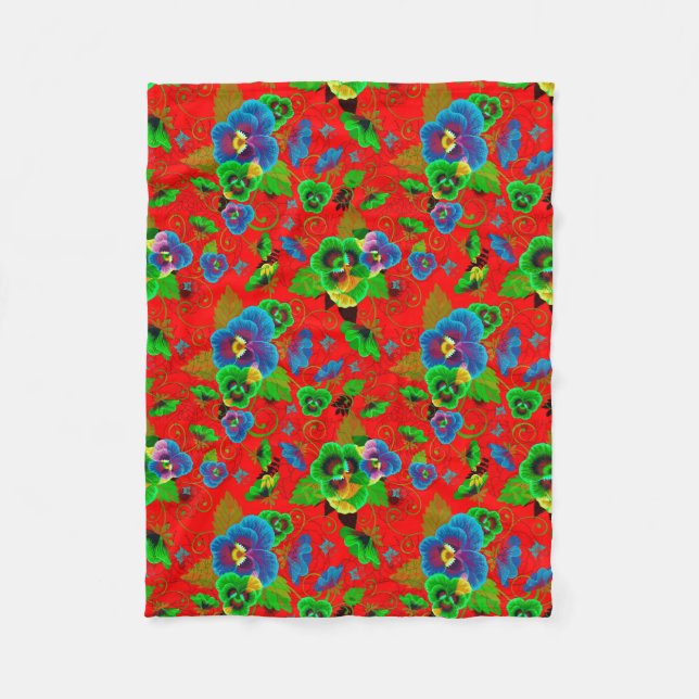 Colourful Spring Flowers Design Red Background Fleece Blanket (Front)