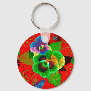 Colourful Spring Flowers Design Red Background Keychain