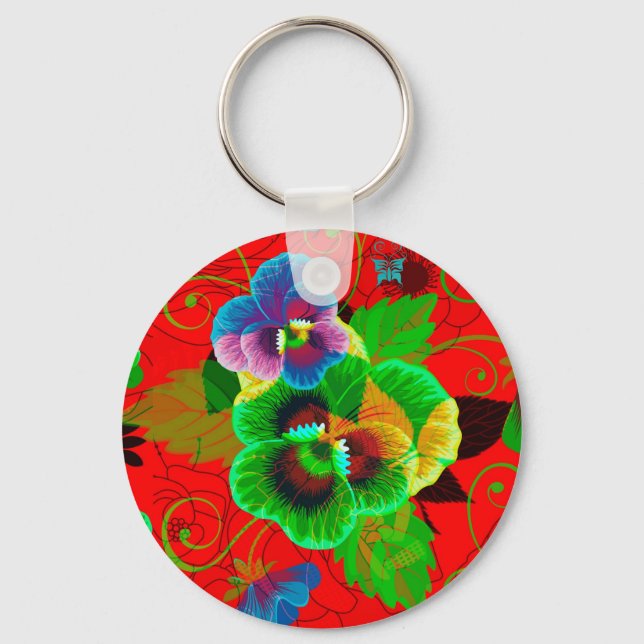 Colourful Spring Flowers Design Red Background Keychain (Front)