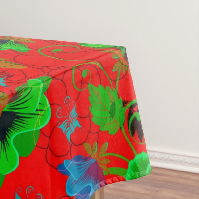 Colourful Spring Flowers Design Red Background Tablecloth (In Situ)