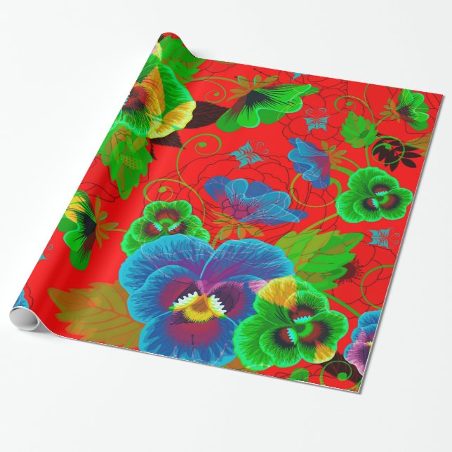 Colourful Spring Flowers Design Red Background Wrapping Paper (Unrolled)