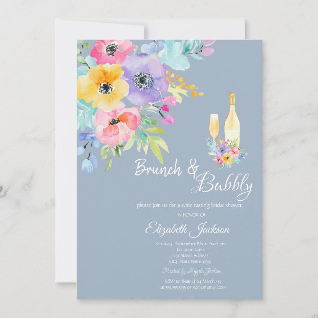 Colourful Spring Flowers Dusty Blue Brunch & Bubbl Invitation (Front)