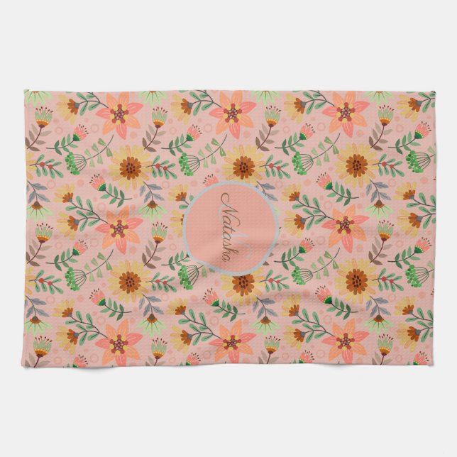 Colourful Spring Flowers Girly Name Monogram Kitchen Towel (Horizontal)