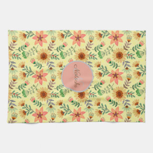 Colourful Spring Flowers Girly Name Monogram Kitchen Towel