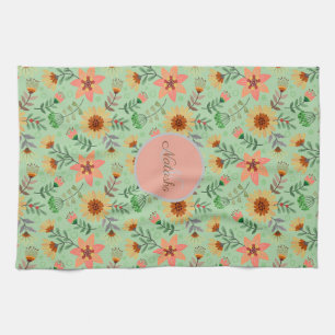 Colourful Spring Flowers Girly Name Monogram Kitchen Towel