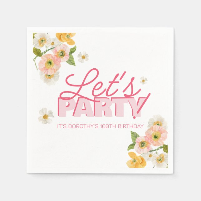 Colourful Spring Flowers Lettering 100th Birthday Napkin (Front)