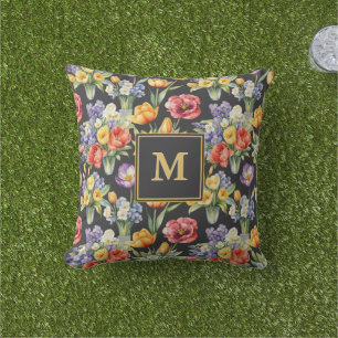 Colourful Spring Flowers Monogrammed Garden Outdoor Pillow