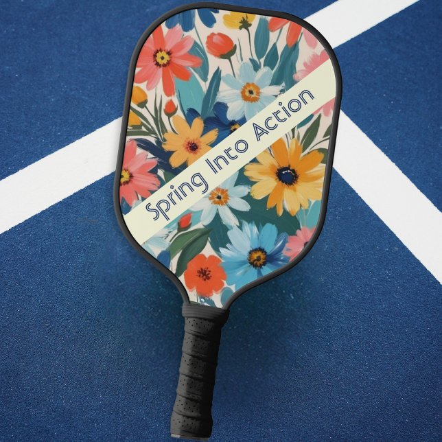 Colourful Spring Flowers Monogrammed Pickleball Paddle (A floral pickleball paddle with 'Spring Into Action' words, and monogram on the reverse side)
