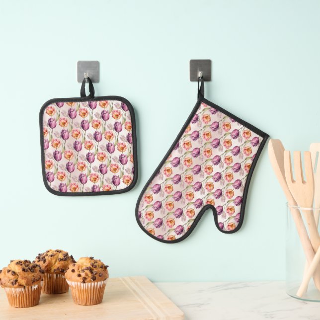 Colourful Spring Flowers Oven Mitt & Pot Holder Se Oven Mitt & Pot Holder Set (Insitu(Hanging))