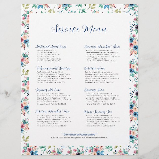 Colourful spring flowers patter for service menu (Front)