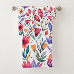 Colourful spring flowers pattern bath towel set