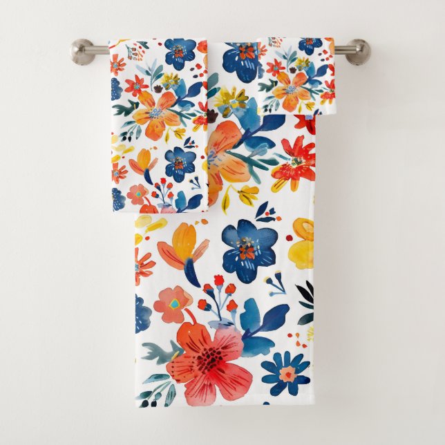 Colourful spring flowers pattern bath towel set (Insitu)