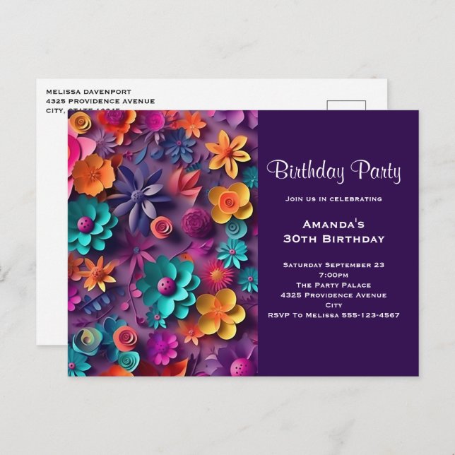 Colourful Spring Flowers Pattern Birthday Invite Postcard (Front/Back)