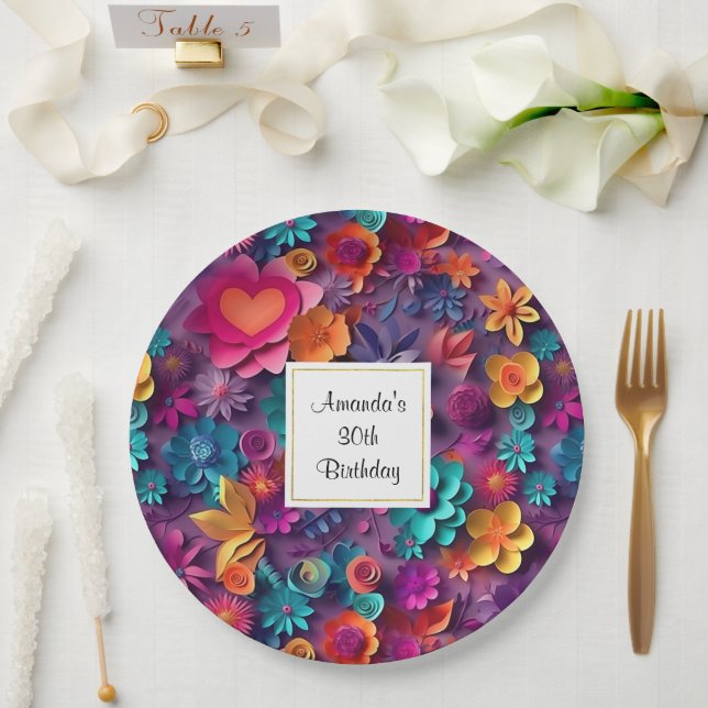  Colourful Spring Flowers Pattern Birthday Paper Plate (Wedding)
