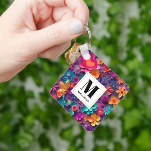 Colourful Spring Flowers Pattern Monogram Keychain