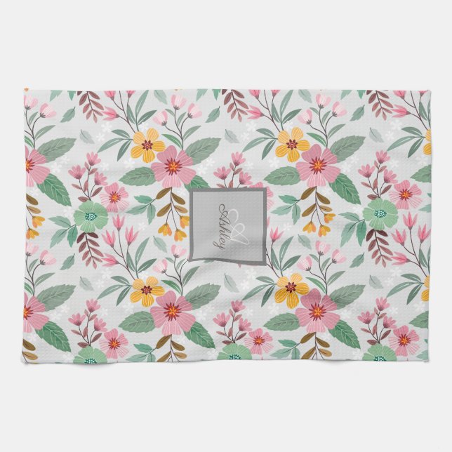  Colourful Spring Flowers Pattern Name Monogram   Kitchen Towel (Horizontal)