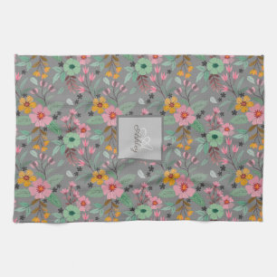  Colourful Spring Flowers Pattern Name Monogram  Kitchen Towel