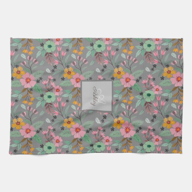  Colourful Spring Flowers Pattern Name Monogram  Kitchen Towel (Horizontal)