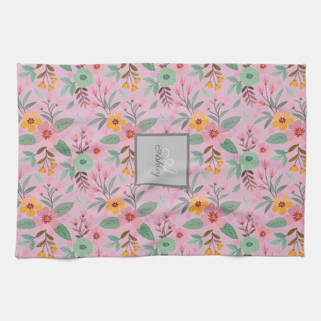  Colourful Spring Flowers Pattern Name Monogram  Kitchen Towel (Horizontal)