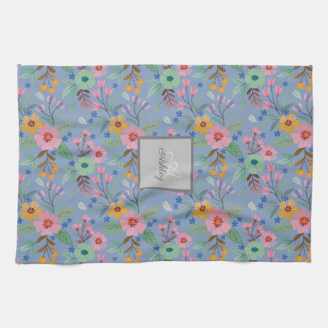  Colourful Spring Flowers Pattern Name Monogram  Kitchen Towel (Horizontal)
