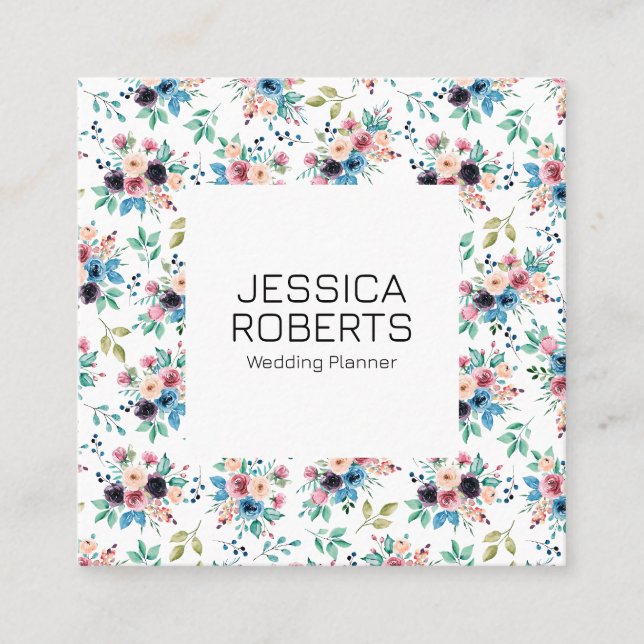 Colourful spring flowers pattern square business c card (Front)