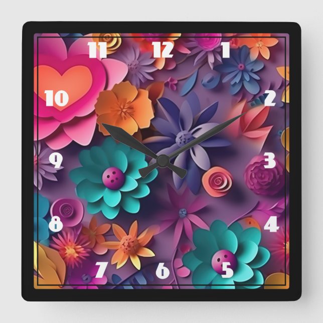 Colourful Spring Flowers Pattern Square Wall Clock (Front)