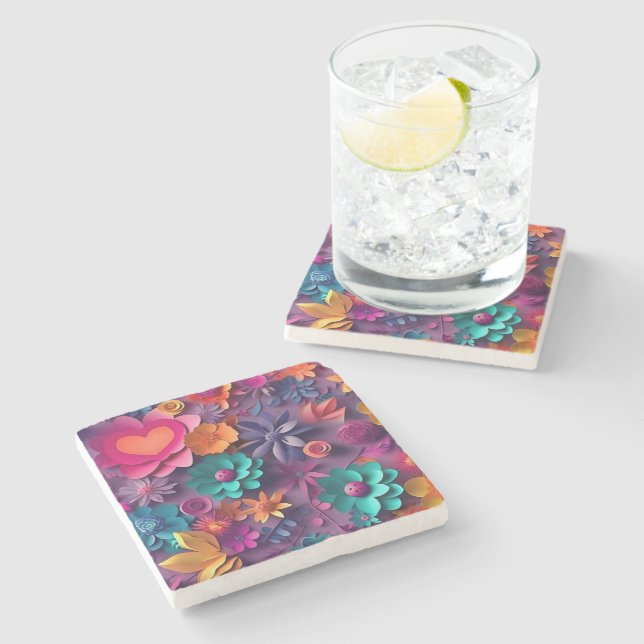Colourful Spring Flowers Pattern Stone Coaster (Side)