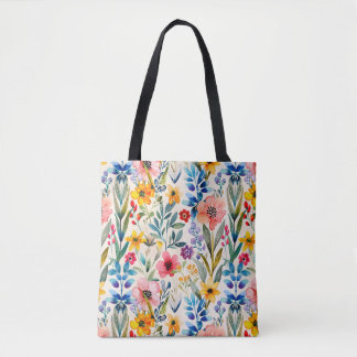 Colourful spring flowers pattern tote bag