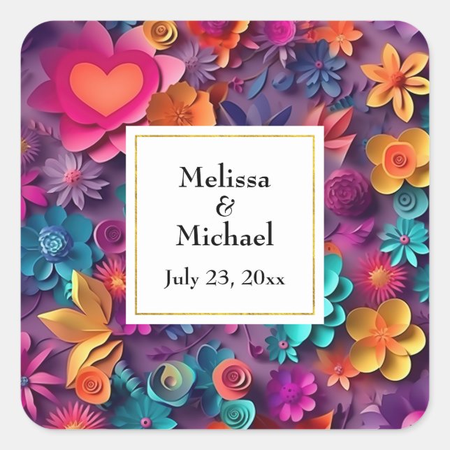 Colourful Spring Flowers Pattern Wedding Square Sticker (Front)
